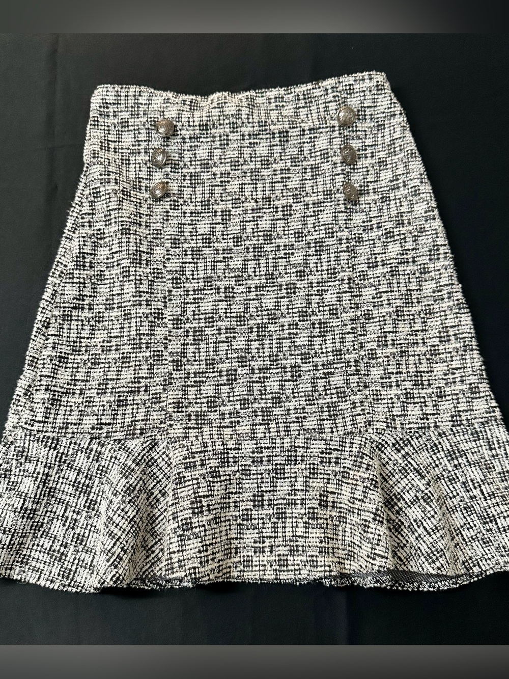Soho Black & White Tweed Ruffle-Hem  Skirt